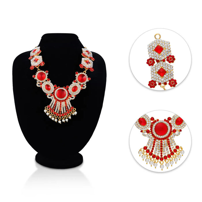 Stone Necklace - 7.5 Inches | Red Stone Jewellery with Pearl Drops / Artificial Jewellery for Deity Decor