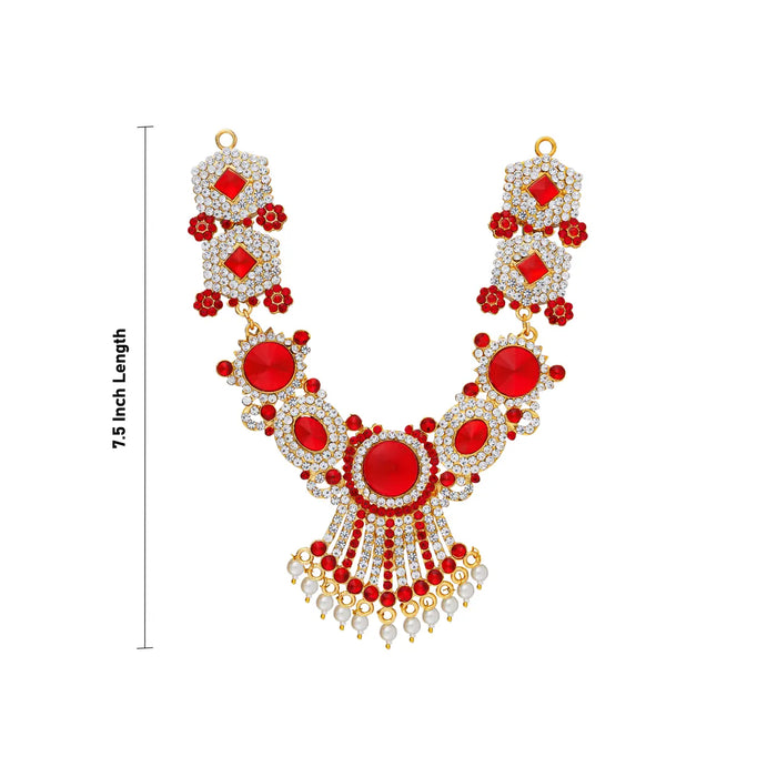 Stone Necklace - 7.5 Inches | Red Stone Jewellery with Pearl Drops / Artificial Jewellery for Deity Decor