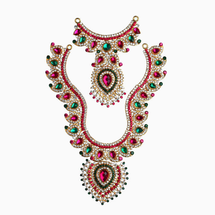 Stone Haram And Necklace Pair - 8 X 5 Inches | Multicolour Stone Jewelry/ Artificial Jewellery For Deity Decor