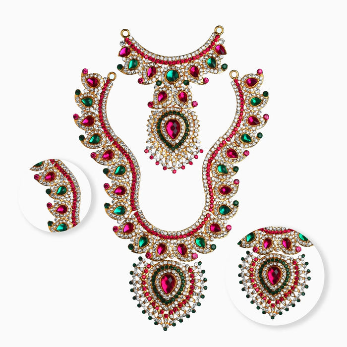 Stone Haram And Necklace Pair - 8 X 5 Inches | Multicolour Stone Jewelry/ Artificial Jewellery For Deity Decor