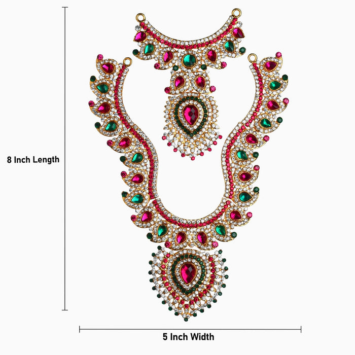 Stone Haram And Necklace Pair - 8 X 5 Inches | Multicolour Stone Jewelry/ Artificial Jewellery For Deity Decor