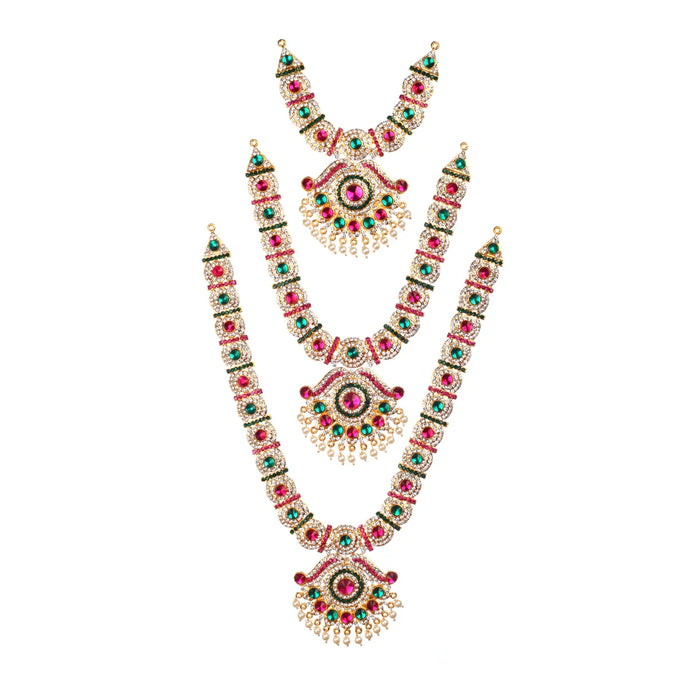 Stone Necklace Set - 15 x 6 Inches | Multicolour Stone Haram/ 3 Step Haaram/ Deity Jewellery