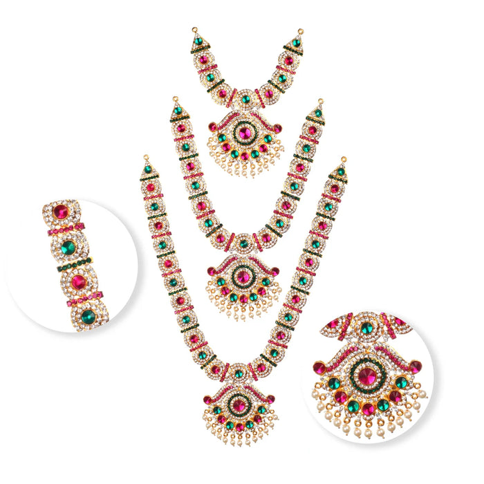 Stone Necklace Set - 15 x 6 Inches | Multicolour Stone Haram/ 3 Step Haaram/ Deity Jewellery