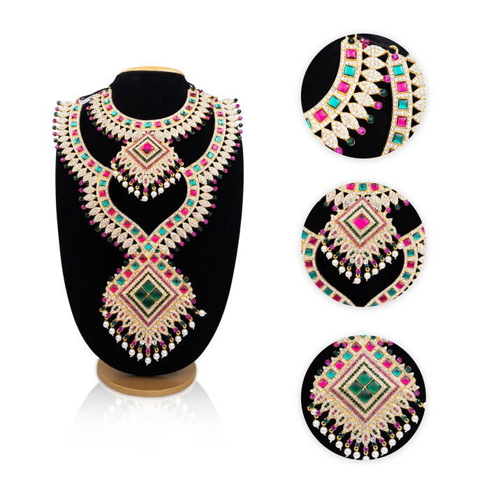 Stone Haram And Necklace Pair - 16 X 10 Inches | Artificial Jewelry/ Multicolour Stone Jewellery For Deity Decor