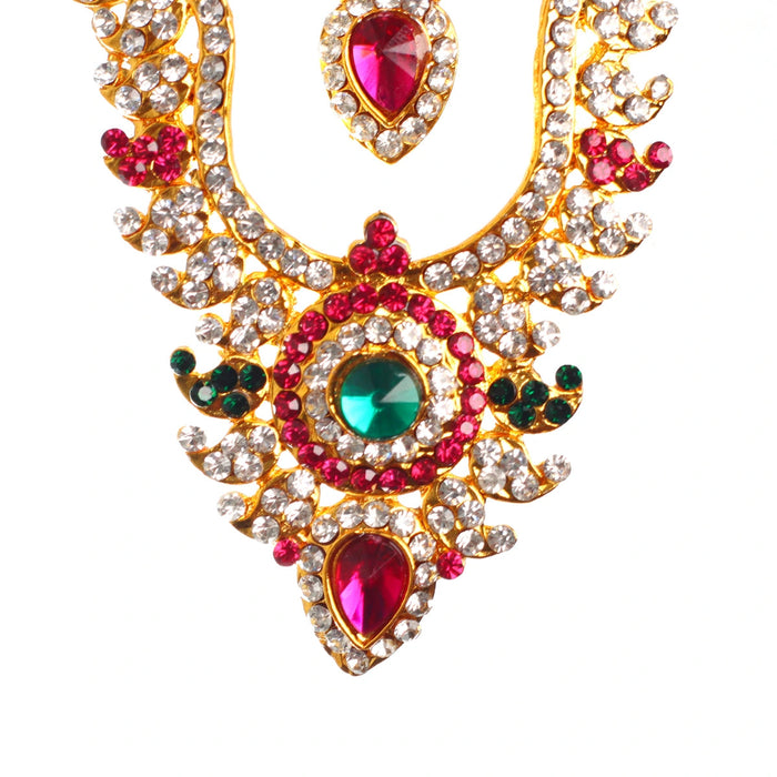 Stone Haram And Necklace - 5 X 3 Inches | Mango Design Artificial Jewellery/ 2 Line Multicolour Stone Jewelry For Deity