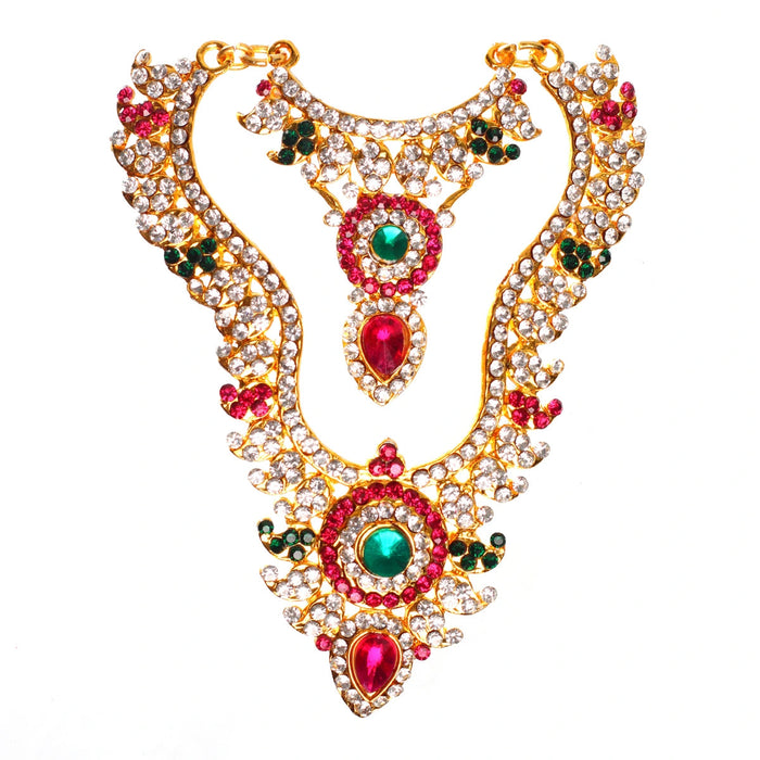 Stone Haram And Necklace - 5 X 3 Inches | Mango Design Artificial Jewellery/ 2 Line Multicolour Stone Jewelry For Deity