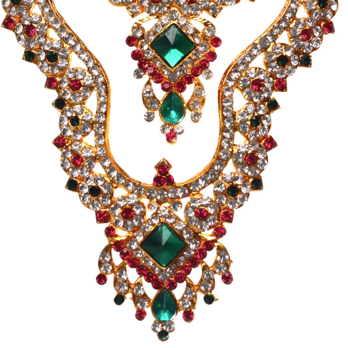 Stone Haram And Necklace - 5 X 3.5 Inches | 2 Line Artificial Jewellery/ Multicolour Stone Jewelry For Deity