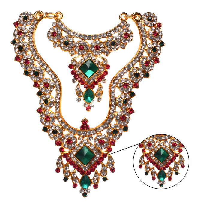 Stone Haram And Necklace - 5 X 3.5 Inches | 2 Line Artificial Jewellery/ Multicolour Stone Jewelry For Deity