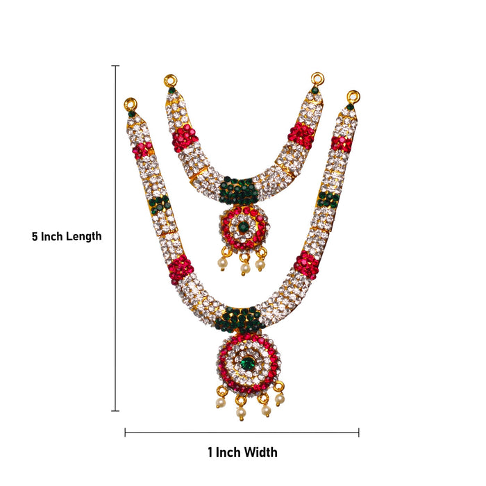 Stone Haram & Stone Necklace Pair - 5 X 1 Inches | Artificial Jewellery/ Multicolour Stone Jewelry For Deity