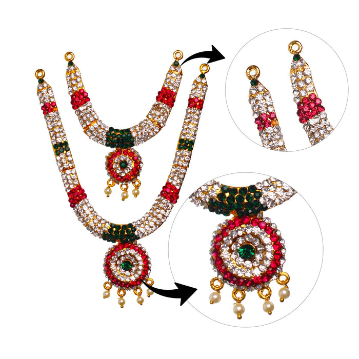 Stone Haram & Stone Necklace Pair - 5 X 1 Inches | Artificial Jewellery/ Multicolour Stone Jewelry For Deity