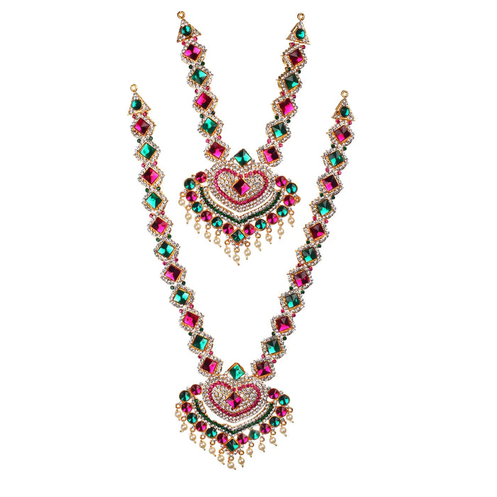 Stone Haram & Stone Necklace Pair- 12 X 3.5 Inches | Multicolour Stone Jewelry/ Artificial Jewellery For Deity
