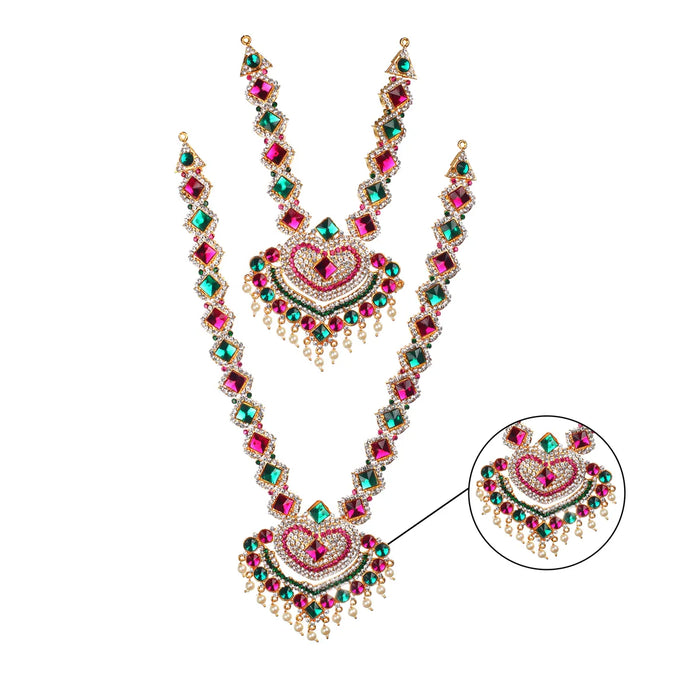 Stone Haram & Stone Necklace Pair- 12 X 3.5 Inches | Multicolour Stone Jewelry/ Artificial Jewellery For Deity