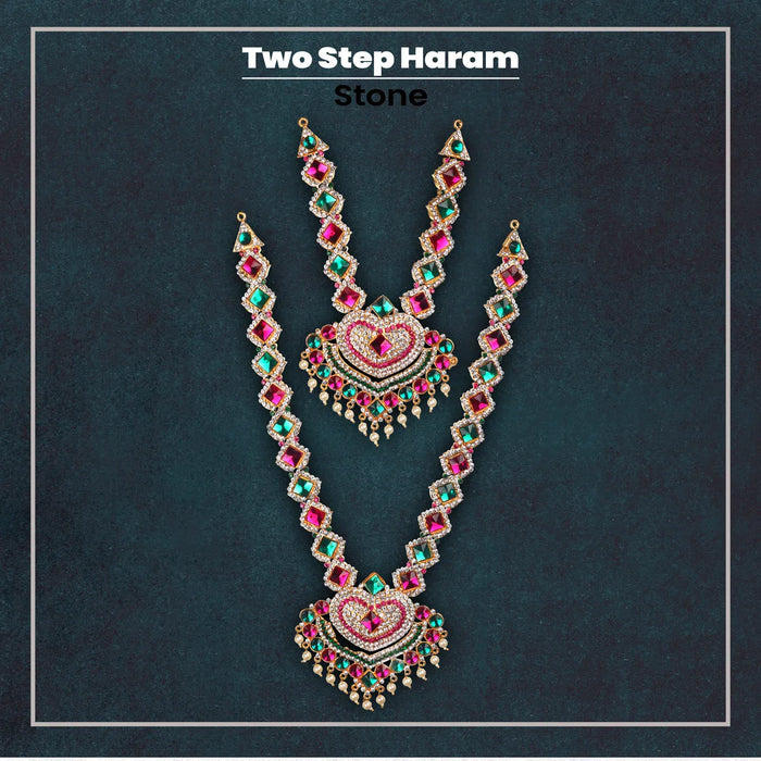 Stone Haram & Stone Necklace Pair- 12 X 3.5 Inches | Multicolour Stone Jewelry/ Artificial Jewellery For Deity