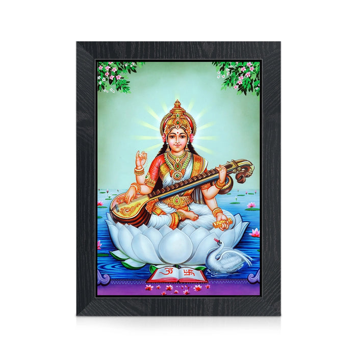 Saraswati Devi Photo Frame | Goddess Saraswati with Veena Lotus Wall Frame for Living Room & Pooja Space