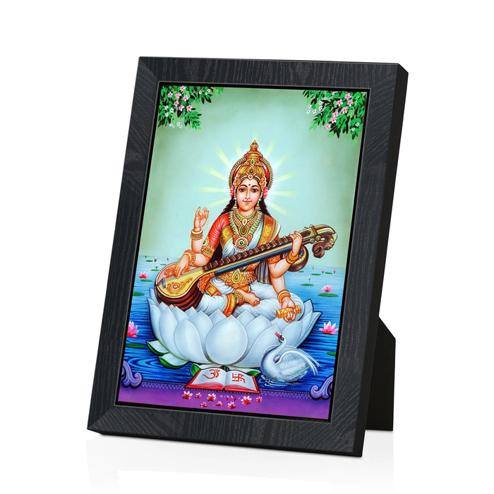 Saraswati Devi Photo Frame | Goddess Saraswati with Veena Lotus Wall Frame for Living Room & Pooja Space