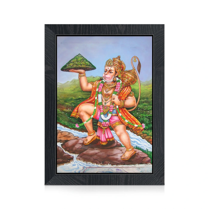 Sri Hanuman Sanjeevi Wall Frame | Divine Lord Hanuman Carrying Sanjeevani Mountain Photo Frame for Pooja Room