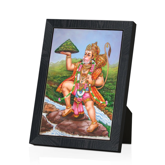 Sri Hanuman Sanjeevi Wall Frame | Divine Lord Hanuman Carrying Sanjeevani Mountain Photo Frame for Pooja Room