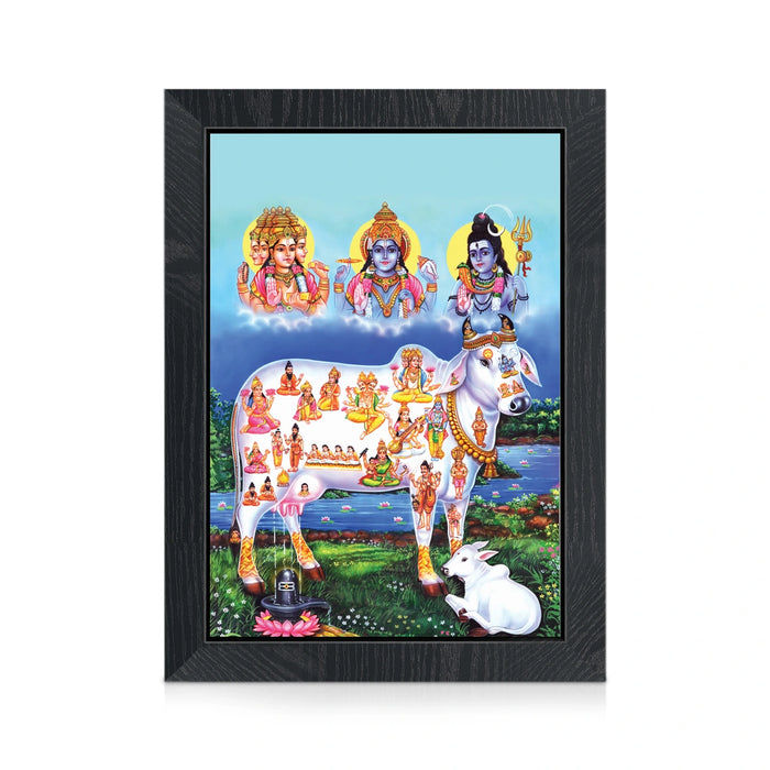 Sri Kamadhenu Photo Frame | Divine Kamadhenu Cow with Brahma Vishnu Shiva Wall Frame for Home & Pooja Room