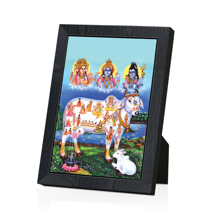 Sri Kamadhenu Photo Frame | Divine Kamadhenu Cow with Brahma Vishnu Shiva Wall Frame for Home & Pooja Room