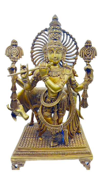 Cow Krishna Statue - 22 Inches | Antique Brass Statue/ Pasu Krishnan for Pooja/ 19.82 Kgs Approx